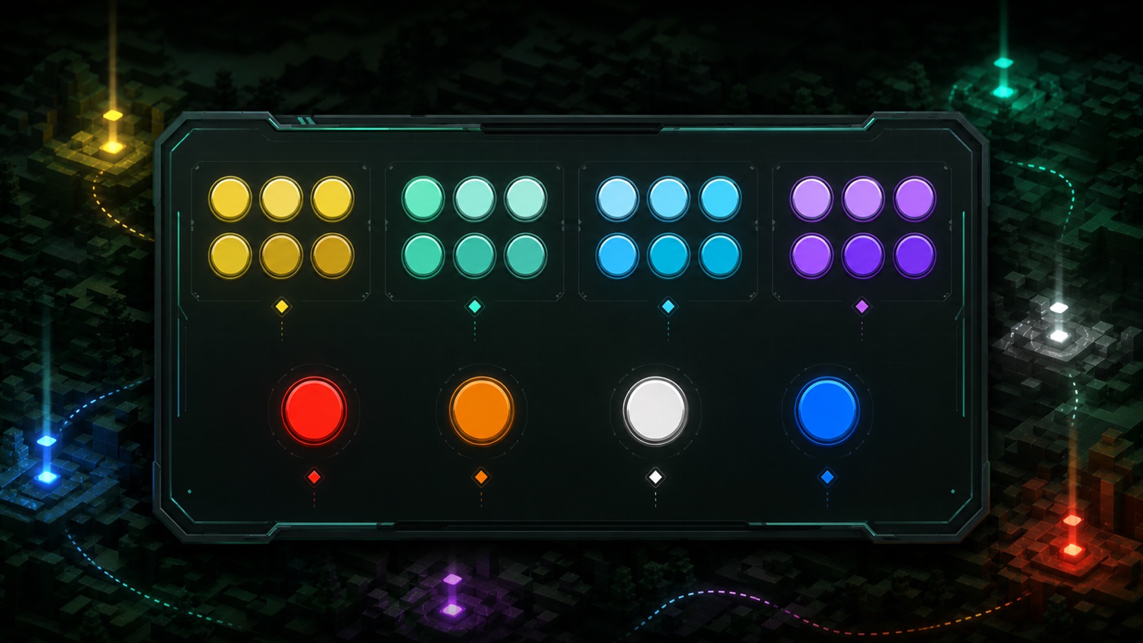 Original illustration of a locator marker palette with grouped yellow, mint, cyan, purple, red, orange, white, and blue dots