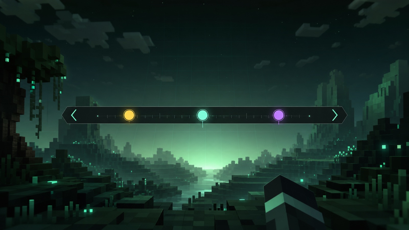Original illustration of a locator-style HUD with yellow, mint, and purple player markers over a blocky landscape