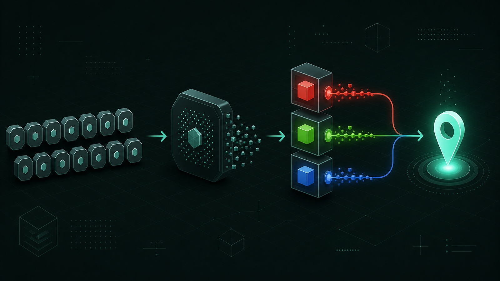 Original technical illustration of identifier blocks passing through a hash process into RGB channels and a locator marker
