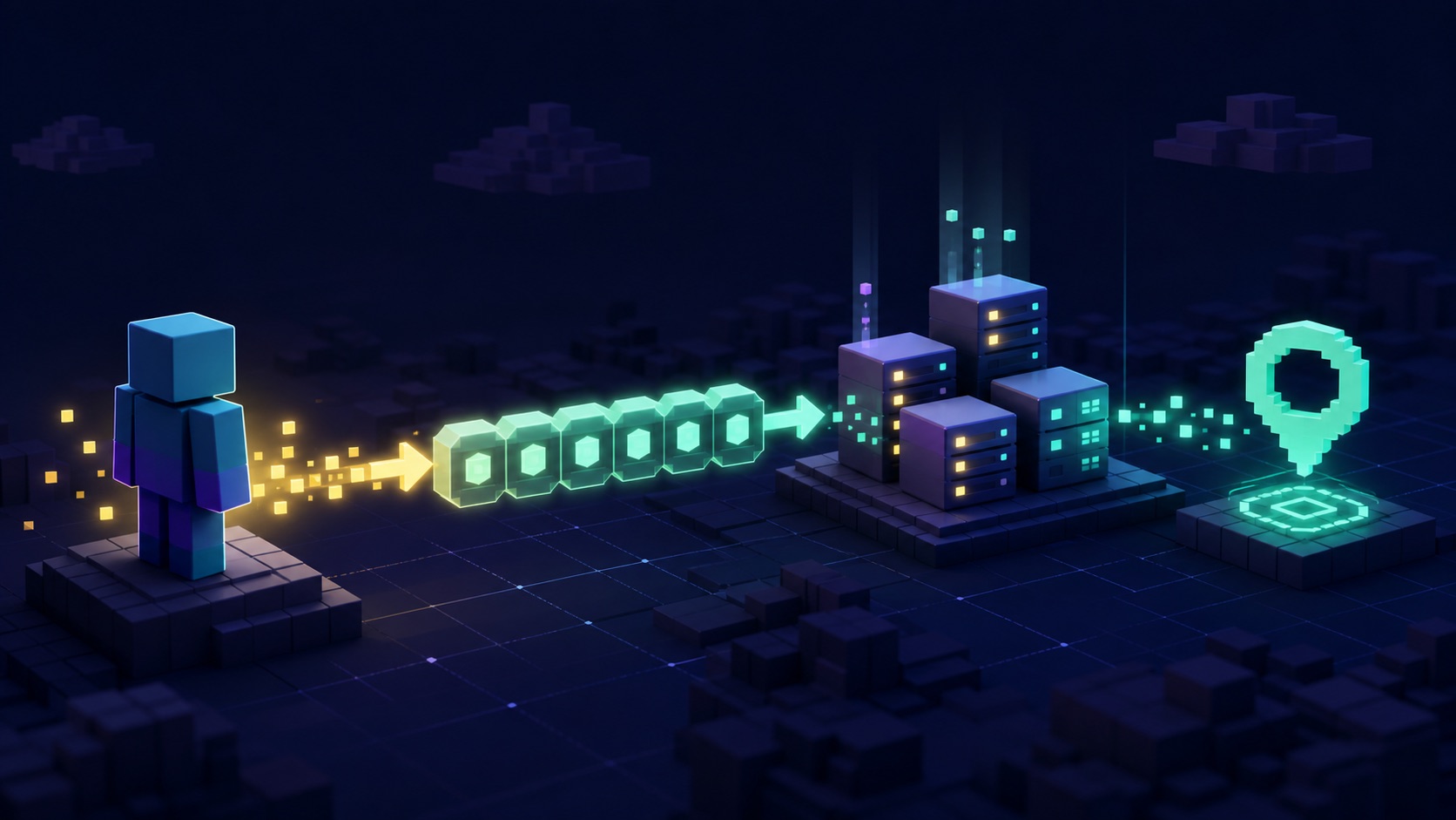 Original voxel-inspired illustration of a player identity passing through identifier blocks and server records into a colored locator marker